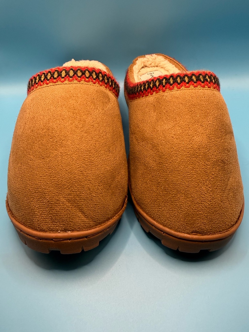 Sole Mates Sherpa-lined Suede-Look Slip-On Clogs in Camel w/Patterned Trim Sz 6